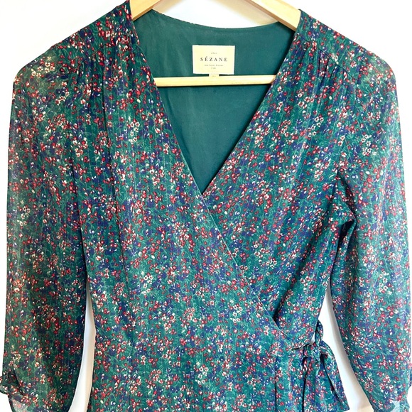 Sezane Elsa Mini Wrap Dress green floral small 4 - Picture 3 of 11